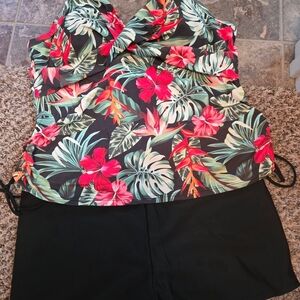 Tropical Floral Tankini with Black Shorts